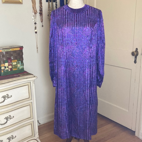 Vintage 80s Paisley Pleated Belted Midi Dress Sz 10 - Picture 4 of 12